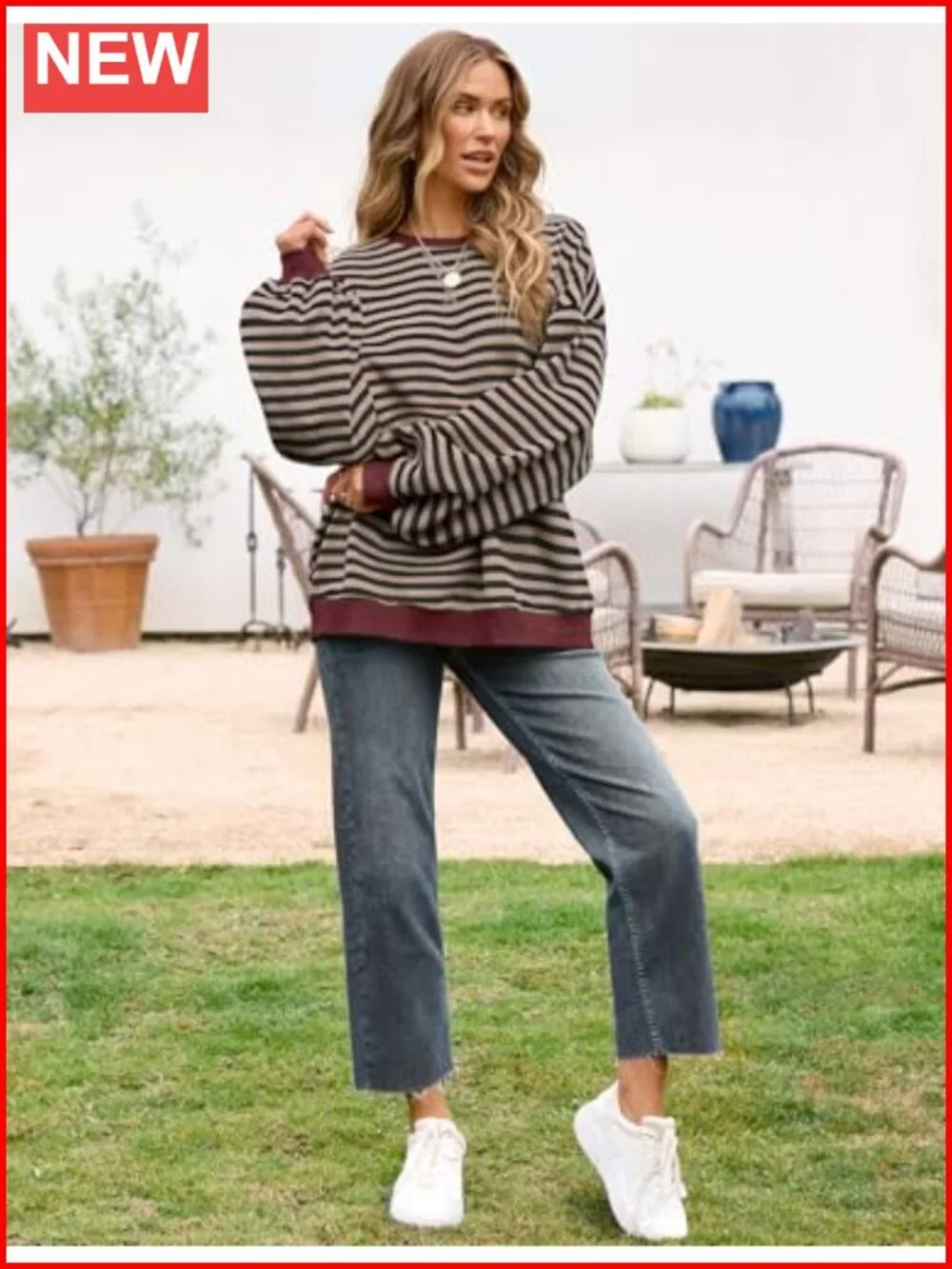 Oversized Striped Crewneck Sweatshirt Long Sleeve Casual Pullover